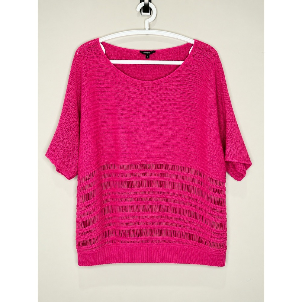 Lafayette 148 New York Pink Open Knit Crochet Hem Top XL Short Sleeve Scoop Neck